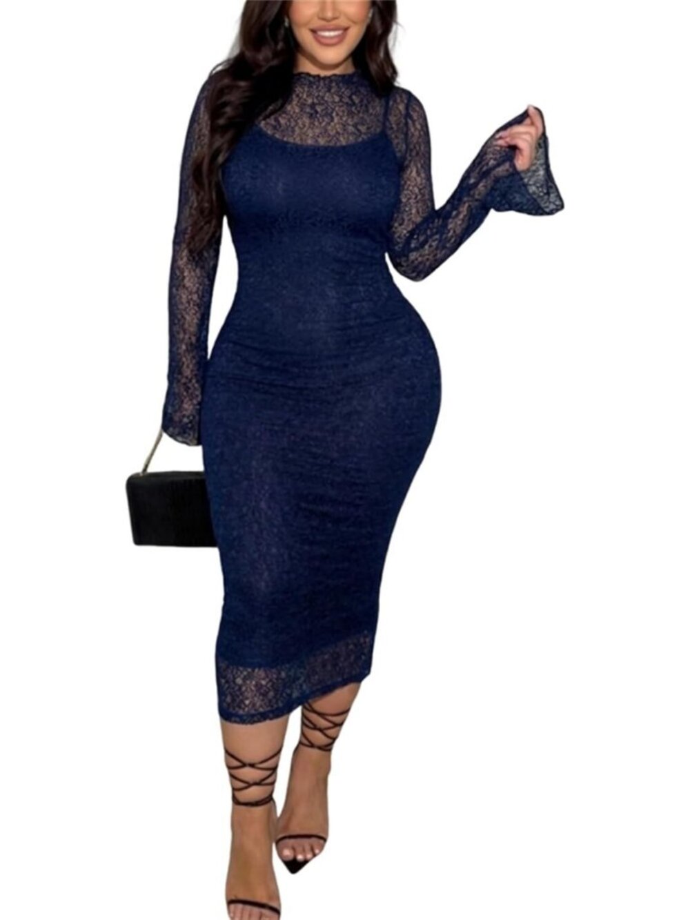 Chic Lace Bodycon Midi Dress with Long Sleeves for Cocktail & Wedding Guests